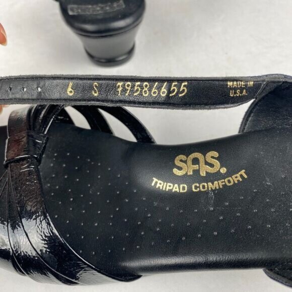 SAS Sandals Womens 6 Strippy Casual Open Toe Slingback Wedge Black Leather - Picture 10 of 13